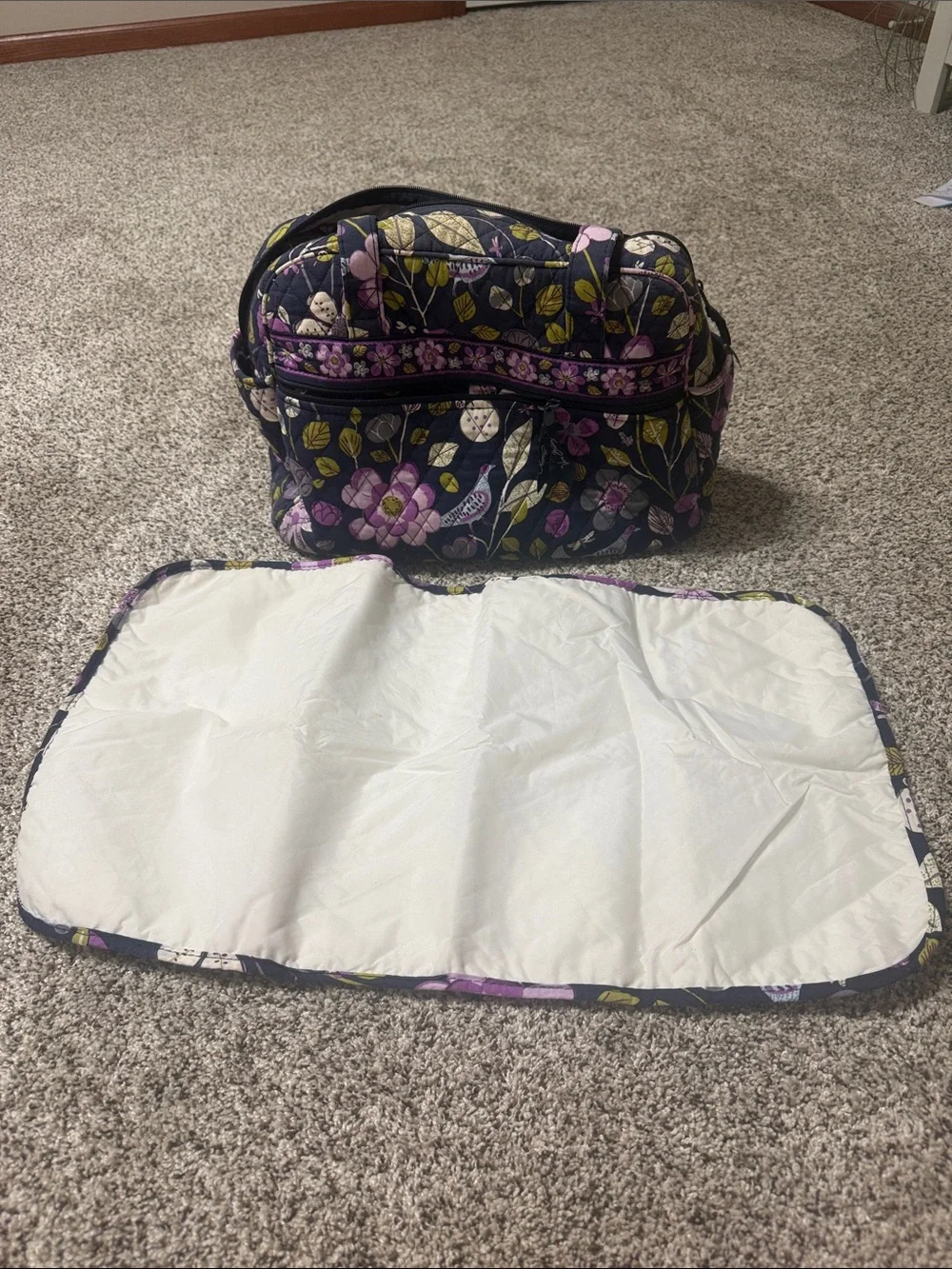 Quilted Floral Diaper Bag Tote in Purple and Navy